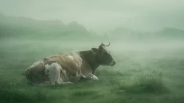 Hình ảnh chú bò nằm yên tĩnh trên bãi cỏ phủ đầy sương mù mờ ảo phản ánh giấc mơ thấy bò chết