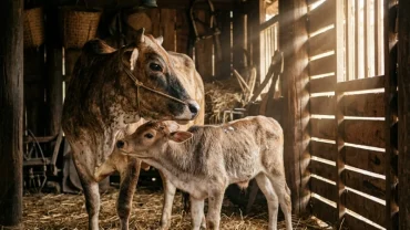 Bê con mới sinh đứng cạnh bò mẹ trong chuồng trại chăn nuôi truyền thống tại Việt Nam minh họa cho giấc mơ thấy bò đẻ