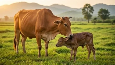 Bò mẹ khỏe mạnh đang âu yếm bê con mới sinh, phác họa lại điềm báo vượng tài từ giấc mơ thấy bò đẻ
