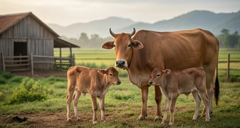 Mơ thấy bò đẻ điềm báo gì: Giải mã bối cảnh & bộ số may mắn 2 Hai chú bê con đáng yêu vừa chào đời đang chụm đầu bên bò mẹ trên đồng cỏ nông trại