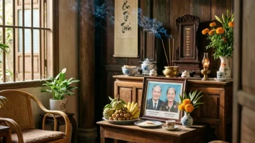 Hình ảnh minh họa ý nghĩa tâm linh khi nằm mơ thấy bố mất hiện về trong không gian gia đình Việt Nam ấm cúng