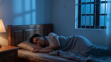 Một người phụ nữ trẻ đang nằm ngủ trên giường với vẻ mặt đầy âu lo khi mơ thấy bố mẹ cãi nhau trong tiềm thức