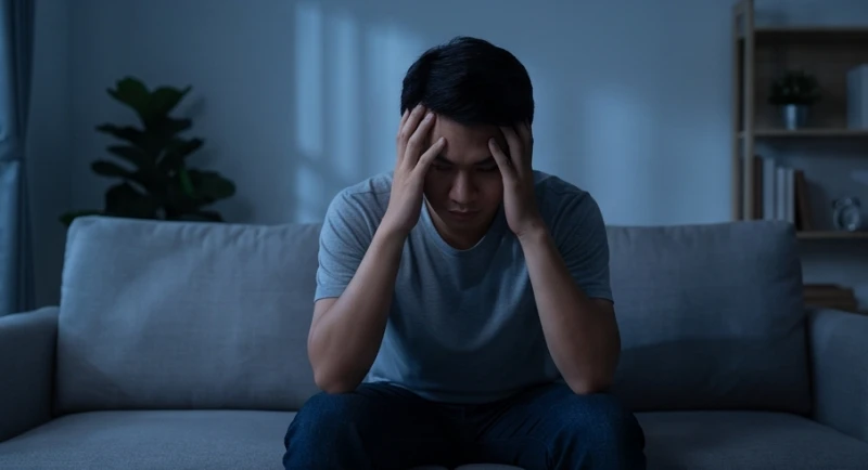 Một người đàn ông dùng tay ôm đầu mệt mỏi trong không gian phòng khách tĩnh lặng sau khi mơ thấy gia đình xung đột