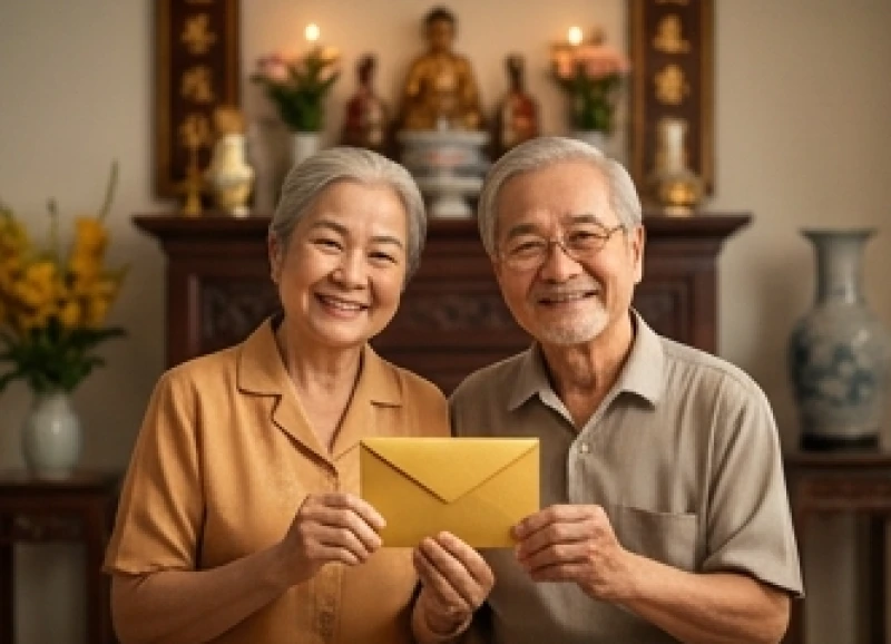 Bố mẹ lớn tuổi mỉm cười hiền hậu tượng trưng cho phúc đức và nền tảng gia đình vững chắc