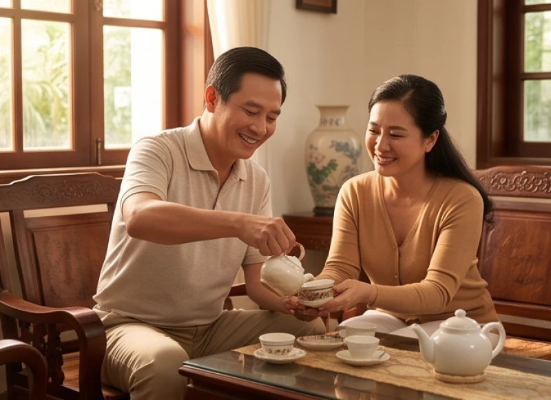 Mơ thấy gia đình bên vợ bên chồng: Điềm báo và sổ mơ trọn bộ 2 Bố mẹ vợ đang tươi cười rót trà thiết đãi con rể trong không gian phòng khách ấm cúng
