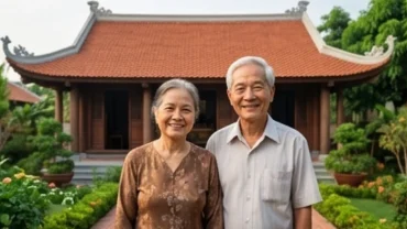 Đấng sinh thành mỉm cười hạnh phúc trước ngôi nhà ngói đỏ ba gian truyền thống khang trang khi bạn mơ thấy bố mẹ xây nhà mới