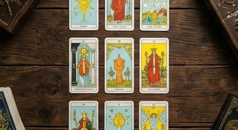 Những lá bài Tarot tông màu sáng được trải đều trên mặt bàn gỗ mộc mạc