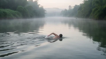 Người đàn ông đang bơi qua dòng sông tĩnh lặng phản chiếu giấc mơ thấy bơi qua sông mang ý nghĩa tâm linh