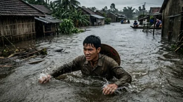 Hình ảnh người vật lộn giữa dòng nước xiết minh hoạ cho điềm báo khi mơ thấy bơi trong nước lũ và áp lực tâm lý