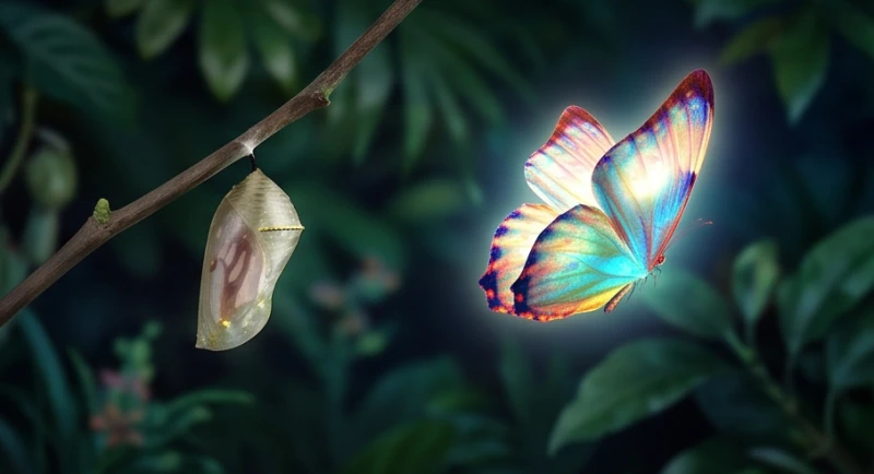 Một con bướm rực rỡ sắc màu đang sải cánh bay lên từ một chiếc kén mỏng manh
