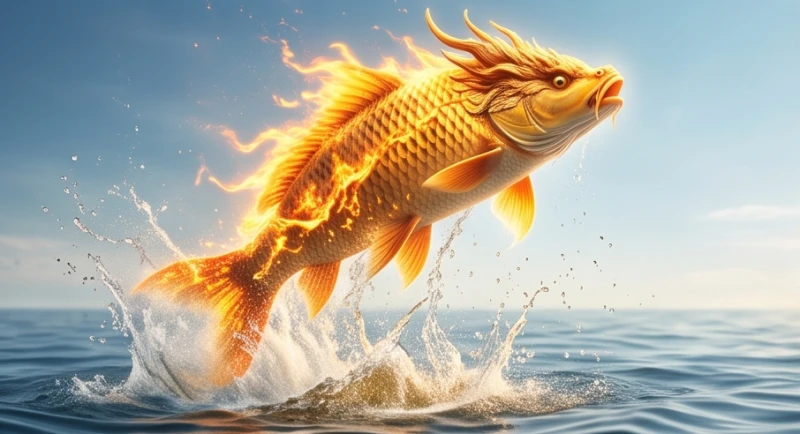 Giải mã chi tiết giấc mơ thấy cá chép vàng: Điềm báo và sổ mơ 3 Cá chép vàng đang bứt phá khỏi mặt nước với vảy phát sáng như rồng tượng trưng cho sự lột xác