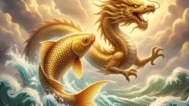 Cá chép vàng hùng vĩ đang lột xác hóa rồng uy nghi vươn mình bay lên giữa những tầng mây lấp lánh
