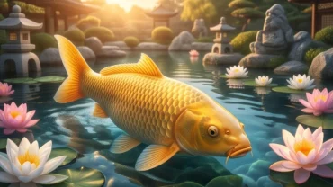 Con cá chép vàng khổng lồ bơi lội mạnh mẽ trong hồ nước phong thủy tĩnh lặng