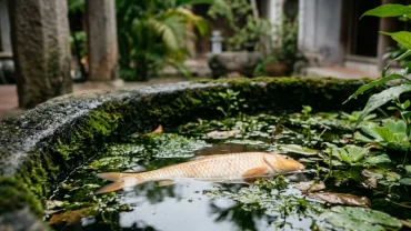Hồ cá tĩnh lặng trong không gian sân vườn truyền thống minh họa cho điềm báo mơ thấy cá chết