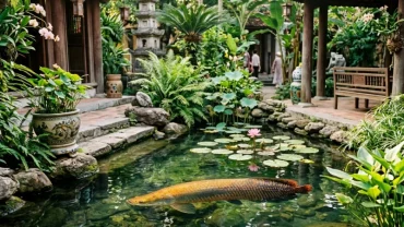 Bức ảnh minh họa chân thực bối cảnh giấc mơ thấy cá hải tượng khổng lồ bơi trong hồ nước phong thủy tại Việt Nam