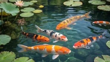 Đàn cá koi bơi lội tung tăng trong hồ nước trong vắt mang đến vượng khí cho người mơ thấy cá koi