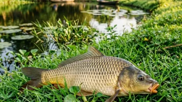Hình ảnh minh họa ý nghĩa phong thủy khi mơ thấy cá lên bờ với một con cá đang vùng vẫy trên cỏ
