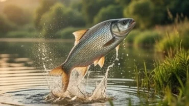 Con cá lớn vảy lấp lánh đang nhảy vọt từ mặt nước lên bờ cỏ xanh tái hiện lại điềm báo khi mơ thấy cá nhảy lên bờ