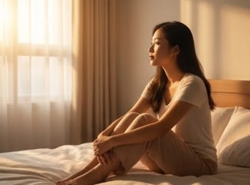 Cô gái Việt Nam ngồi bó gối trên giường với vẻ mặt suy tư sau khi tỉnh dậy từ một cơn ác mộng