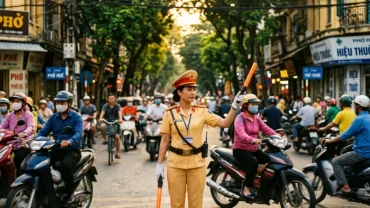 Hình ảnh đường phố Việt Nam đông đúc phản ánh tâm lý lo âu khi mơ thấy cảnh sát giao thông bắt xe