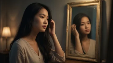 Cô gái trẻ trầm tư soi gương chạm vào mái tóc, giải mã ý nghĩa mơ thấy cắt tóc và điềm báo tâm linh