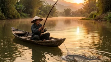 Hình ảnh minh họa ý nghĩa tài lộc và sự nghiệp thăng tiến khi nằm mơ thấy câu được cá to trên dòng sông tĩnh lặng