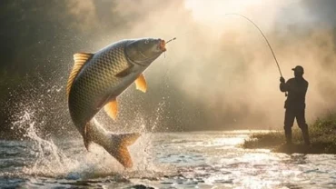 Chú cá khổng lồ vọt lên khỏi mặt nước lấp lánh trong giấc mơ thấy câu được cá to mang theo dòng năng lượng tài lộc