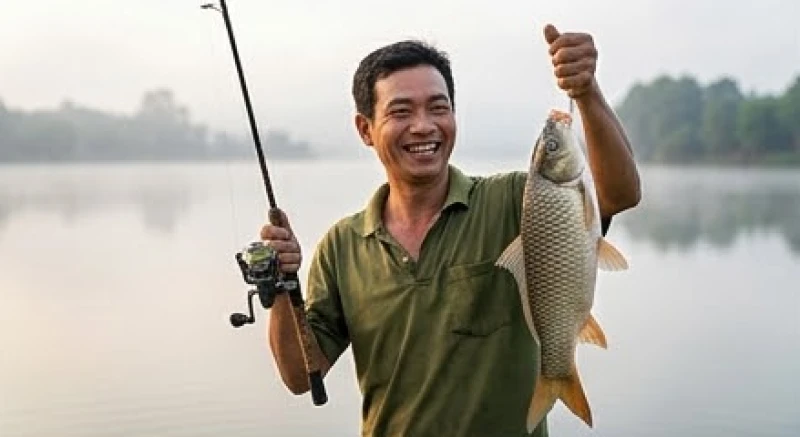 Người ngư dân vui vẻ nhấc chiếc cần câu kéo theo con cá lớn lấp lánh trên mặt hồ tĩnh lặng