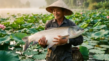 Cảnh người câu được cá trắng lấp lánh dưới ánh nắng sớm bên bờ hồ yên bình tại Việt Nam