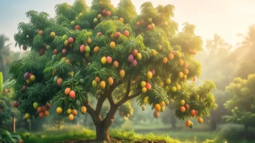 Cây xanh xum xuê trĩu quả dưới ánh nắng vàng, tượng trưng cho điềm báo cát lành khi mơ thấy cây có nhiều trái
