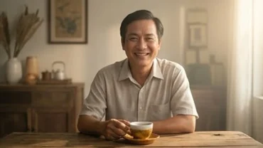 Người cha ruột Việt Nam với khuôn mặt hiền từ đang ngồi uống trà, gợi cảm giác bình yên tĩnh lặng trong giấc mơ