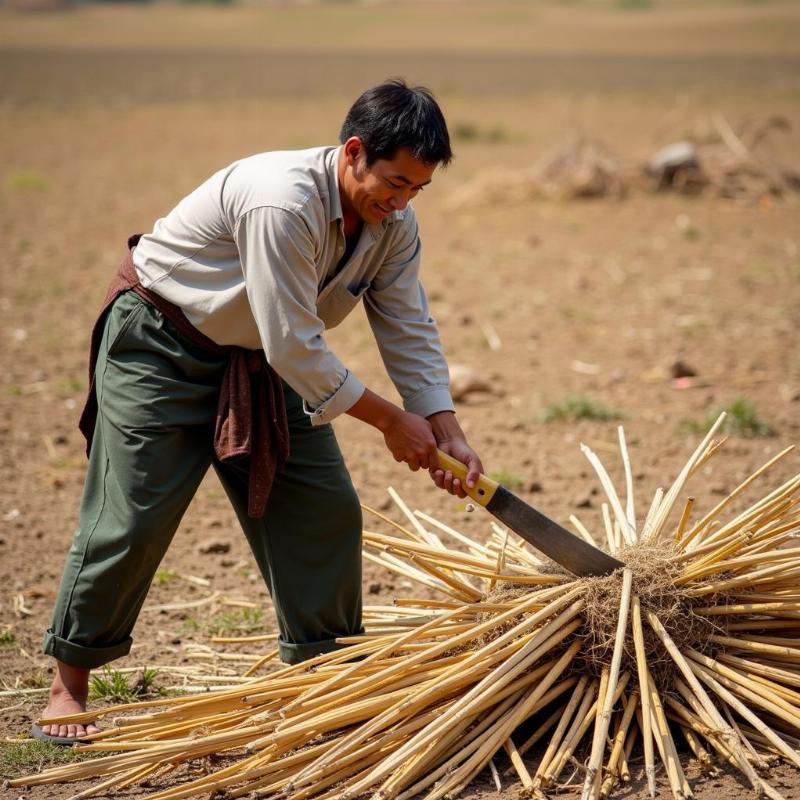 Mơ thấy chặt mía khô: Người đàn ông đang chặt mía khô bằng dao