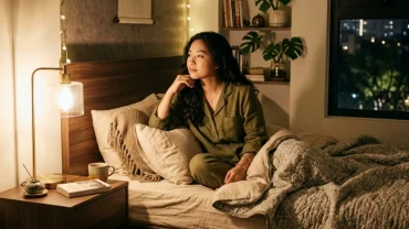 Hình ảnh người phụ nữ thức giấc giữa đêm trong phòng ngủ ấm áp tại Việt Nam sau giấc mơ thấy chảy máu cam