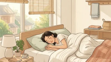 Minh họa người phụ nữ Việt Nam ngủ ngon giấc bên cửa sổ bình minh xua tan lo âu khi mơ thấy chảy máu kinh