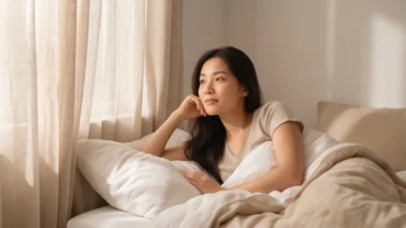 Phụ nữ thức giấc trên giường với vẻ mặt điềm tĩnh sau khi mơ thấy chảy máu kinh nguyệt