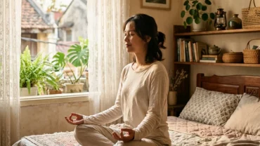 Hình ảnh người phụ nữ Việt Nam ngồi thiền thư giãn trong phòng ngủ ấm áp sau khi mơ thấy chảy máu vùng kín