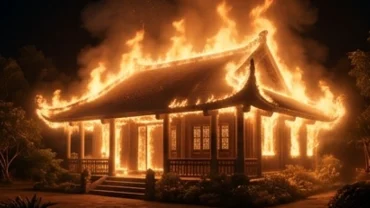 Ngôi nhà truyền thống ngập trong ngọn lửa rực sáng ấm áp thể hiện điềm báo tài lộc khi mơ thấy cháy nhà