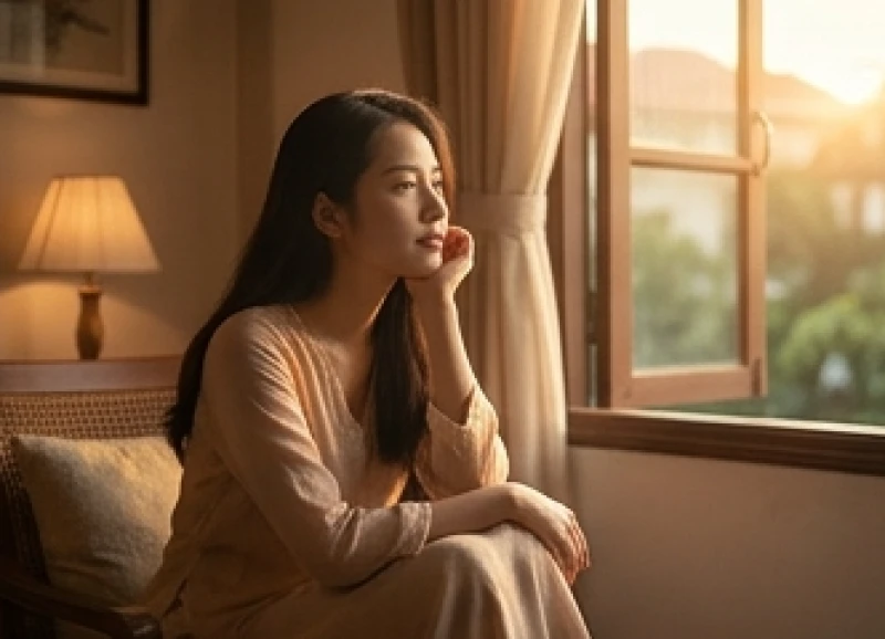 Người phụ nữ Việt Nam ngồi trầm tư tượng trưng cho ý nghĩa tâm linh và điềm báo khi mơ thấy chị gái