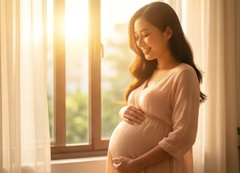 Người phụ nữ mang thai rạng rỡ đón nắng sớm mang ngụ ý tài lộc sinh sôi nảy nở theo quan niệm dân gian