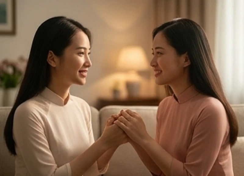 Hai chị em gái mỉm cười nắm tay nhau thể hiện sự gắn kết tình cảm và điểm tựa vững chắc trong gia đình