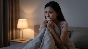 Cô gái Việt Nam với nét mặt đượm buồn và suy tư khi tỉnh giấc sau giấc mơ thấy chia tay người yêu giữa đêm