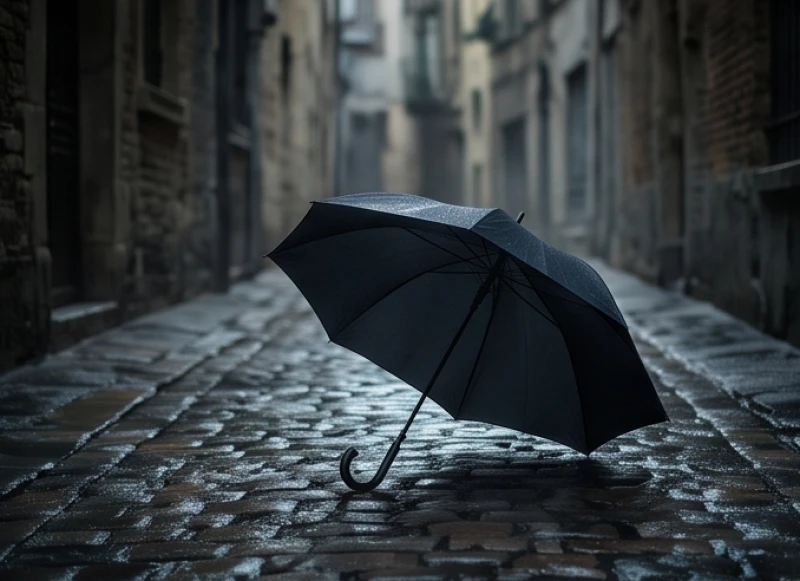 Chiếc ô màu đen đơn độc trên phố gợi lên sự khép kín và cẩn trọng trước thị phi
