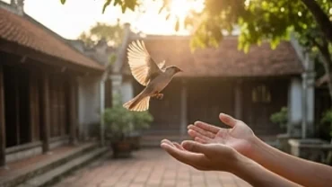Con chim nhỏ sải cánh sà xuống một người trong không gian mờ ảo, minh họa trực quan điềm báo mơ thấy chim bay vào người