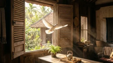 Chú chim bồ câu trắng bay qua cửa sổ gỗ vào ngôi nhà truyền thống Việt Nam gợi liên tưởng đến giấc mơ thấy chim bay vào nhà