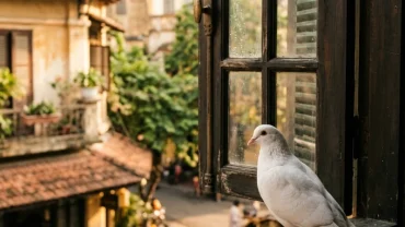 Hình ảnh nghệ thuật chim bồ câu trắng đậu bên bệ cửa sổ gỗ truyền thống thể hiện điềm báo mơ thấy chim bồ câu