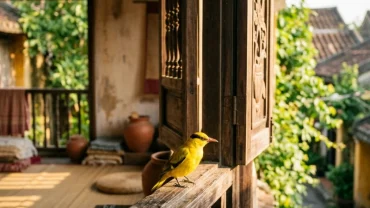 Chú chim vàng rực rỡ đậu trên cửa sổ gỗ truyền thống Việt Nam minh họa cho điềm báo giấc mơ thấy chim màu vàng