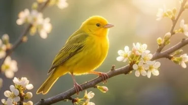 Chim màu vàng rực rỡ đậu trên cành mai vượng khí đại diện cho điềm báo cát tường khi mơ thấy chim màu vàng