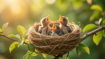 Một tổ chim non ríu rít chờ mẹ mớm mồi dưới ánh nắng ban mai ấm áp đại diện cho điềm báo mơ thấy chim non mang lại tài lộc