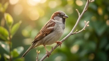 Một chú chim sẻ nhỏ đậu trên cành cây vươn mình đón nắng mai, mang theo điềm báo tâm linh tốt lành cho người mơ