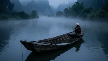 Hình ảnh chiếc thuyền gỗ chìm dần dưới dòng nước tĩnh lặng thể hiện ý nghĩa khi mơ thấy chìm thuyền